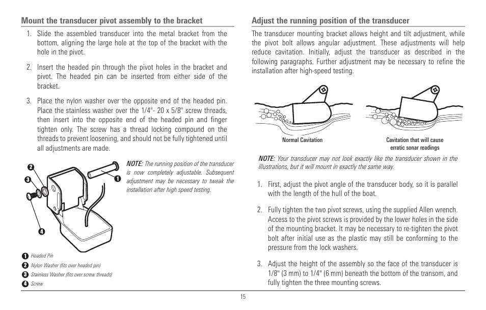 Mount the transducer pivot assembly to the bracket, Adjust the running position of the transducer | Humminbird 967C User Manual | Page 23 / 143