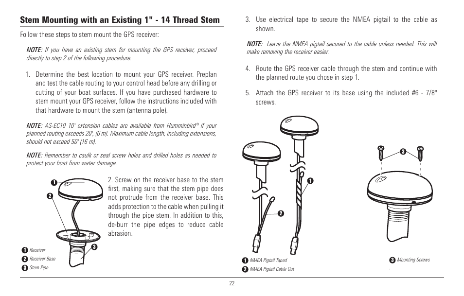 Stem mounting with an existing 1" - 14 thread stem, Follow these steps to stem mount the gps receiver | Humminbird 967C User Manual | Page 30 / 143