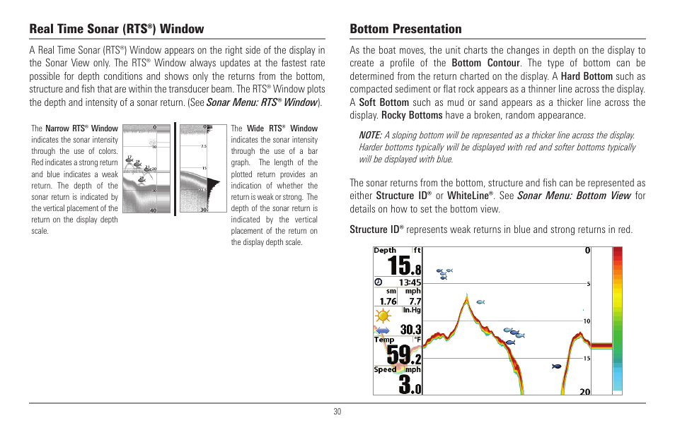Real time sonar (rts®) window, Bottom presentation | Humminbird 967C User Manual | Page 38 / 143