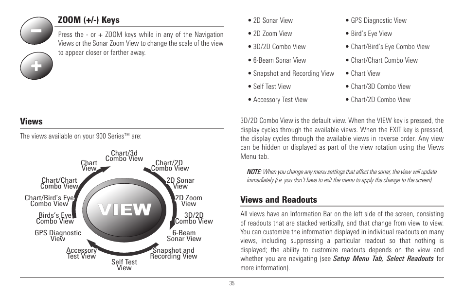 Zoom (+/-) keys, Views, Views and readouts | Humminbird 967C User Manual | Page 43 / 143