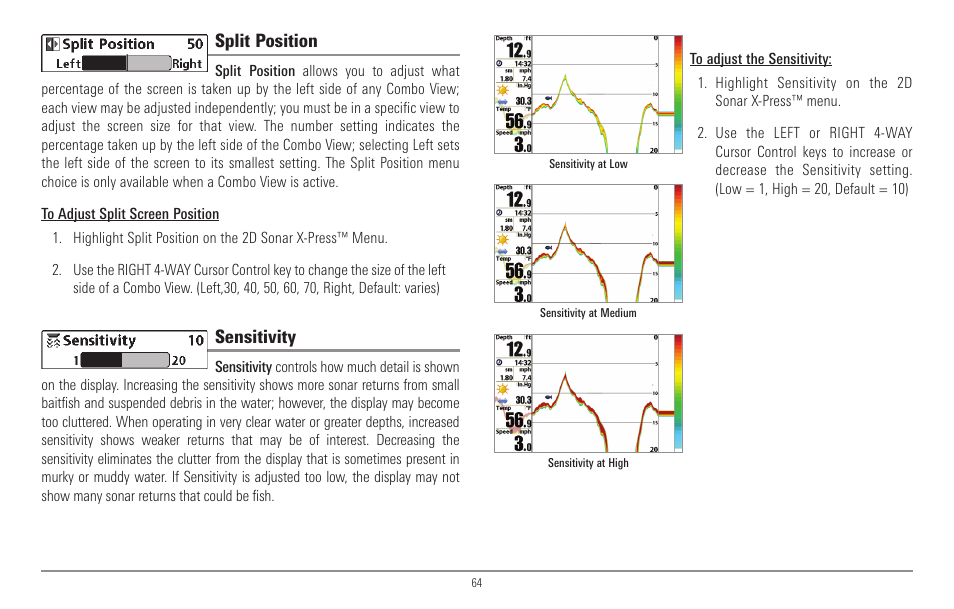 Split position, Sensitivity | Humminbird 967C User Manual | Page 72 / 143