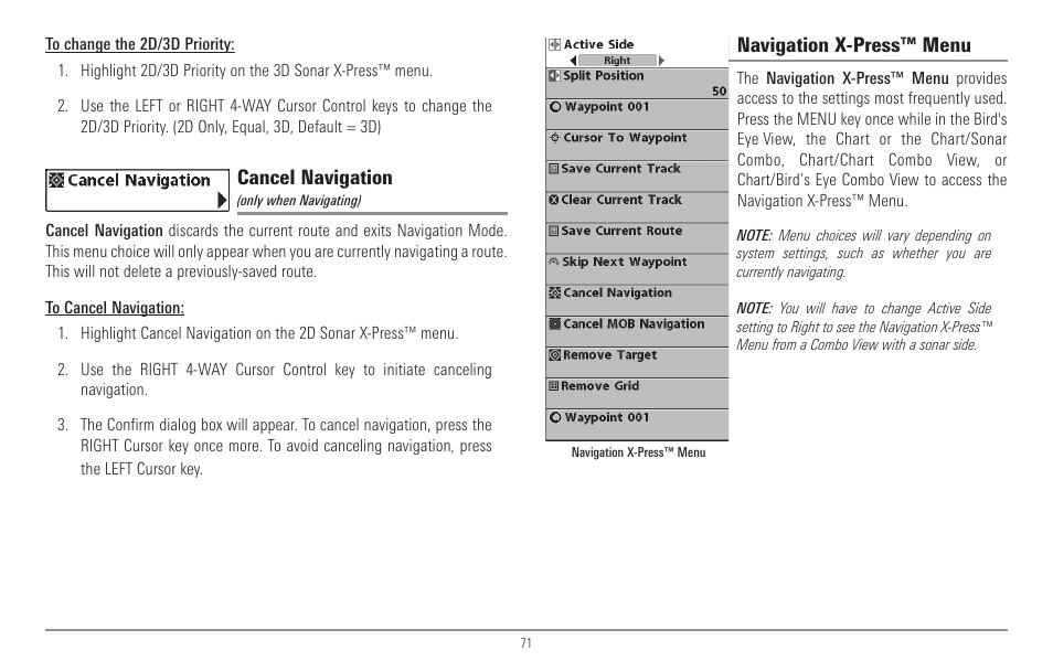 Cancel navigation, Navigation x-press™ menu | Humminbird 967C User Manual | Page 79 / 143