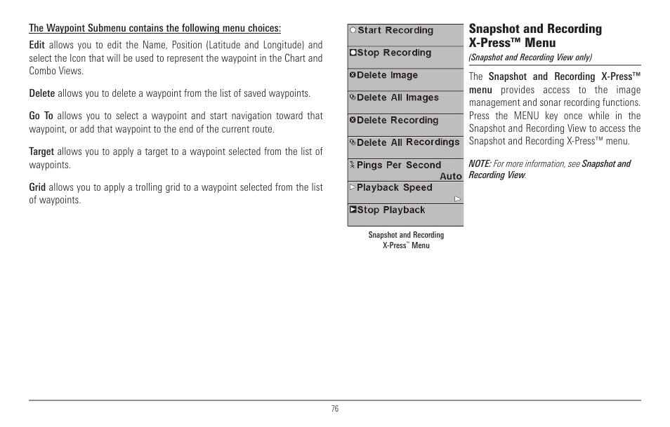 Snapshot and recording x-press™ menu | Humminbird 967C User Manual | Page 84 / 143