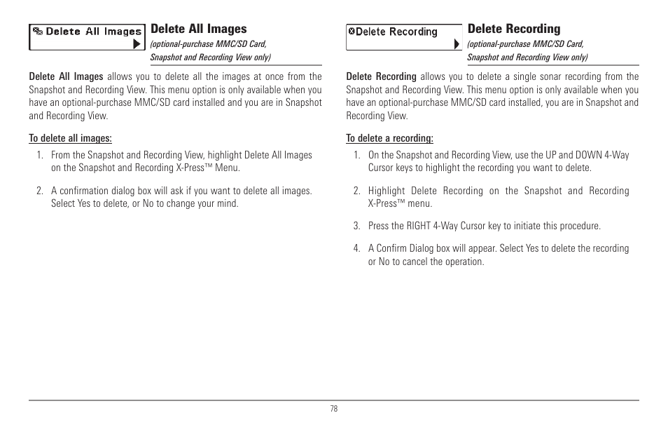 Delete all images, Delete recording | Humminbird 967C User Manual | Page 86 / 143