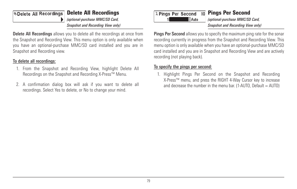 Delete all recordings, Pings per second | Humminbird 967C User Manual | Page 87 / 143