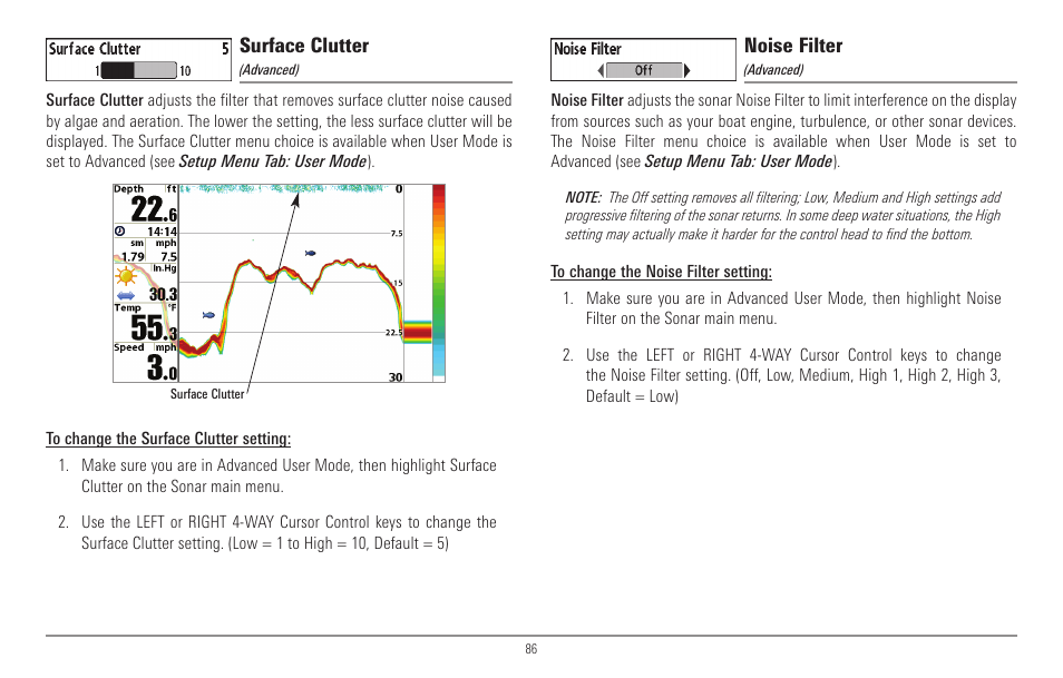 Surface clutter, Noise filter | Humminbird 967C User Manual | Page 94 / 143