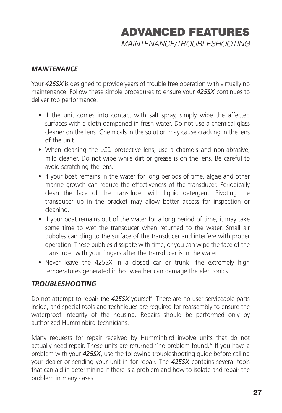 Advanced features | Humminbird 425 SX User Manual | Page 29 / 36