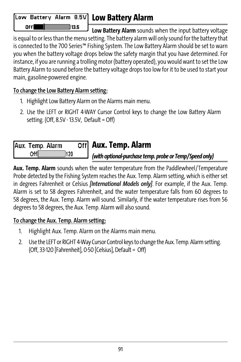 Low battery alarm, Aux. temp. alarm | Humminbird 737 User Manual | Page 100 / 138