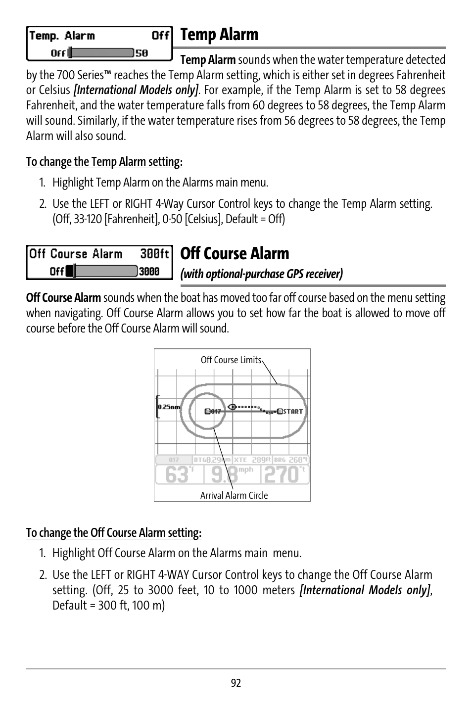 Temp alarm, Off course alarm | Humminbird 737 User Manual | Page 101 / 138
