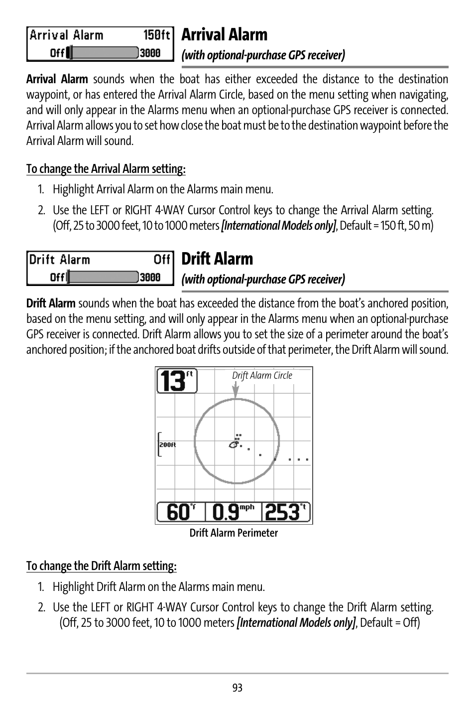 Arrival alarm, Drift alarm | Humminbird 737 User Manual | Page 102 / 138