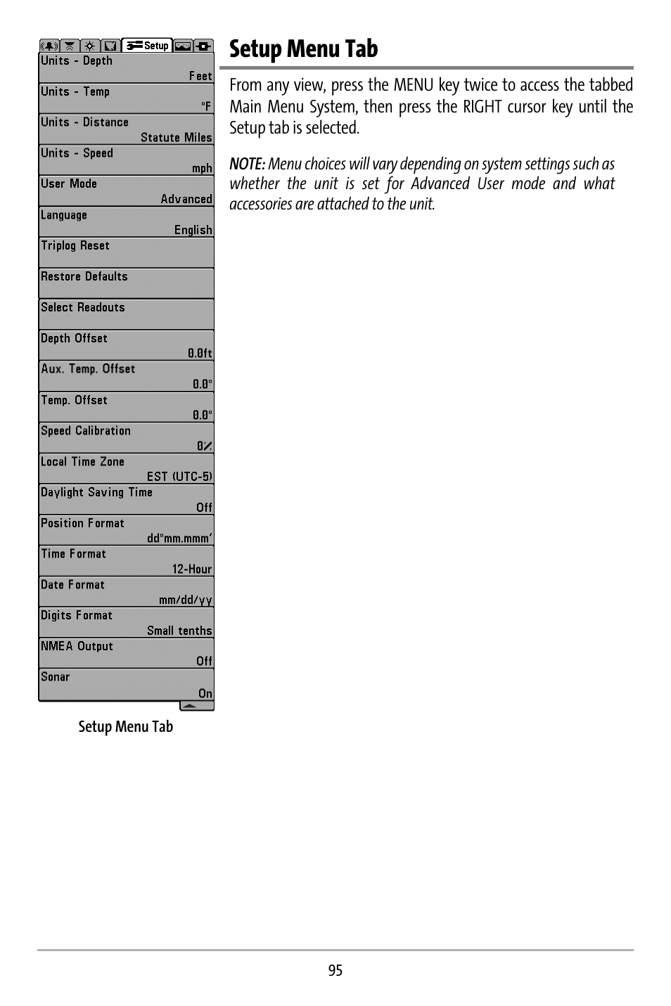 Setup menu tab | Humminbird 737 User Manual | Page 104 / 138