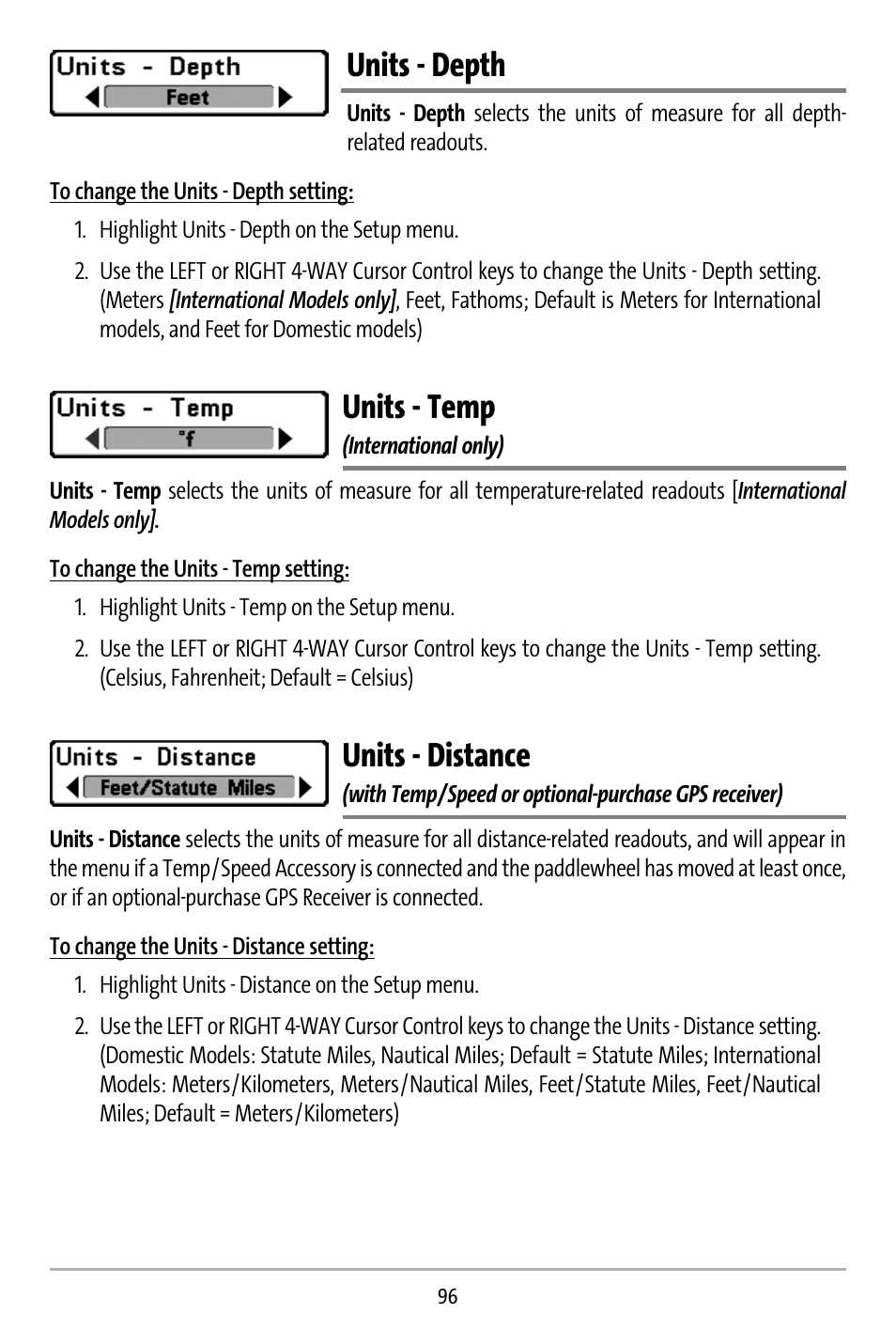 Units - depth, Units - temp, Units - distance | Humminbird 737 User Manual | Page 105 / 138