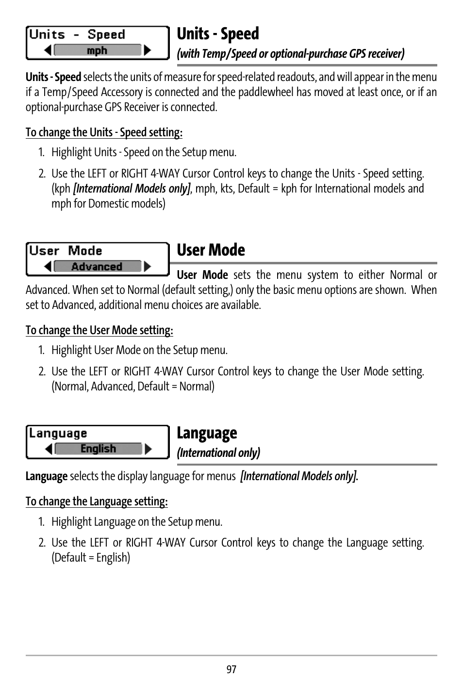 Units - speed, User mode, Language | Humminbird 737 User Manual | Page 106 / 138