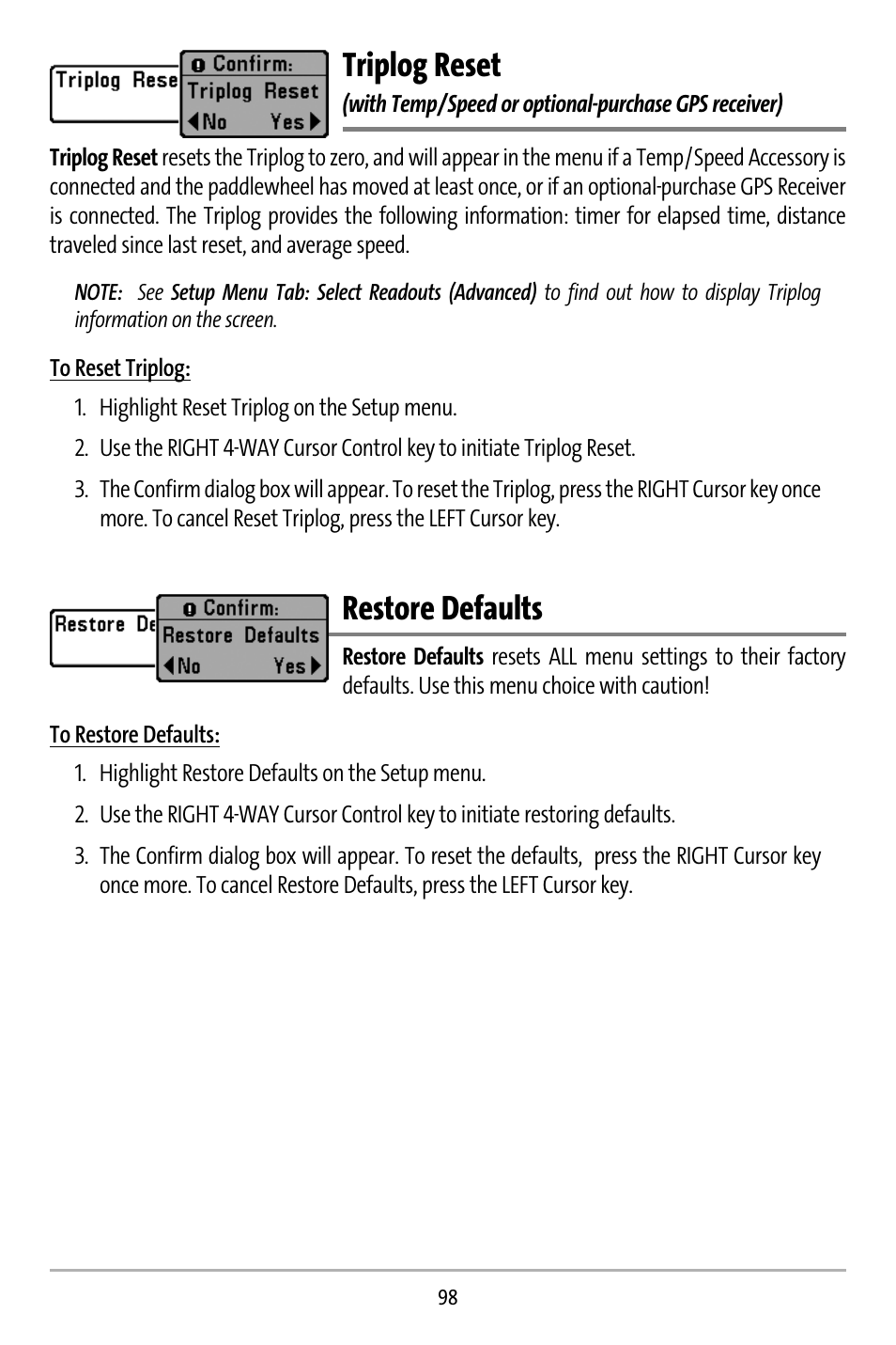 Triplog reset, Restore defaults | Humminbird 737 User Manual | Page 107 / 138