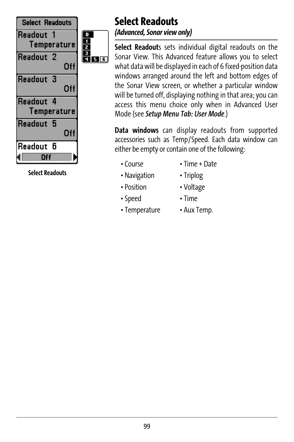Select readouts | Humminbird 737 User Manual | Page 108 / 138