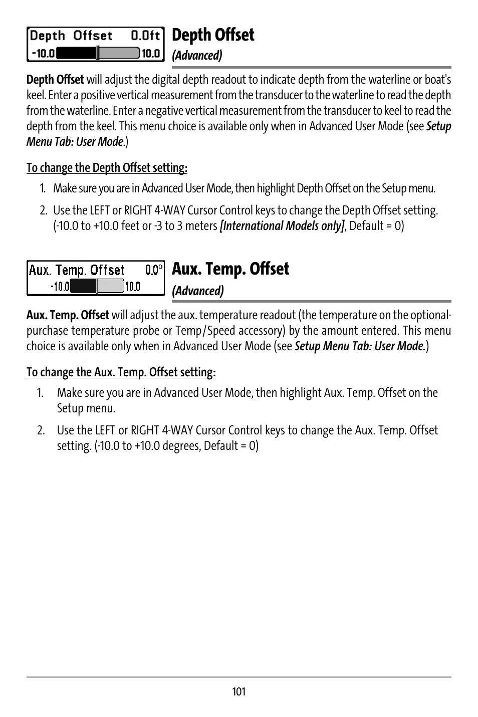 Depth offset, Aux. temp. offset | Humminbird 737 User Manual | Page 110 / 138