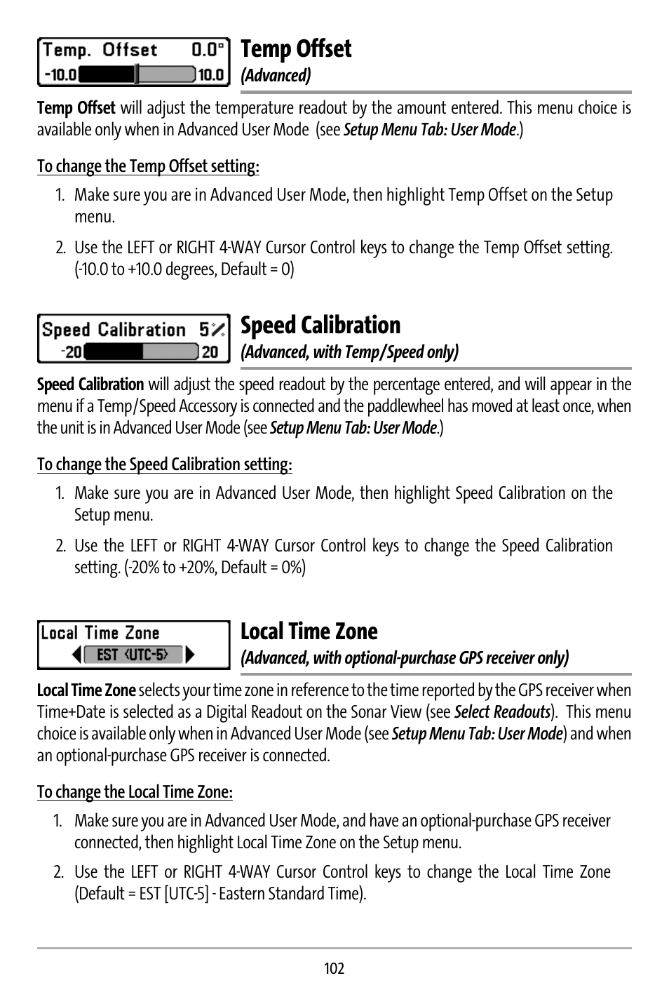 Temp offset, Speed calibration, Local time zone | Humminbird 737 User Manual | Page 111 / 138