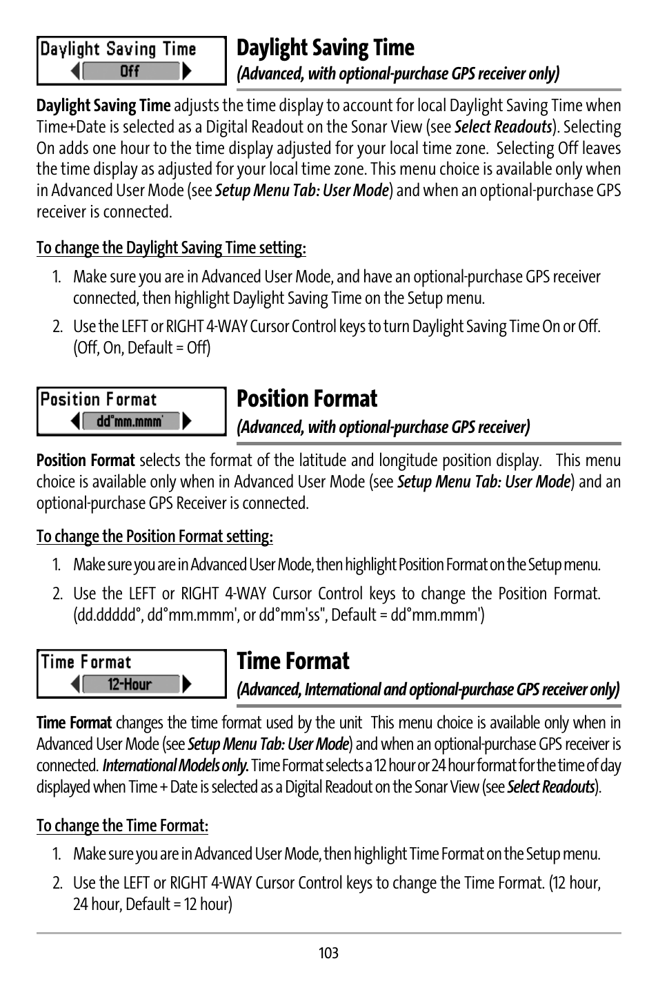 Position format, Time format, Daylight saving time | Humminbird 737 User Manual | Page 112 / 138