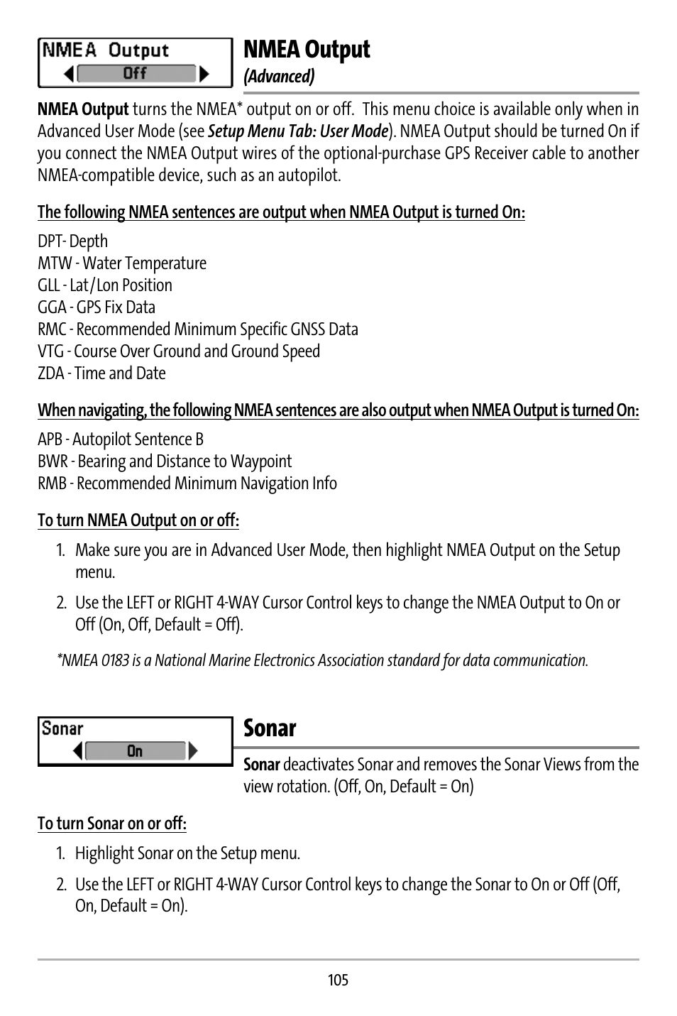Nmea output, Sonar | Humminbird 737 User Manual | Page 114 / 138