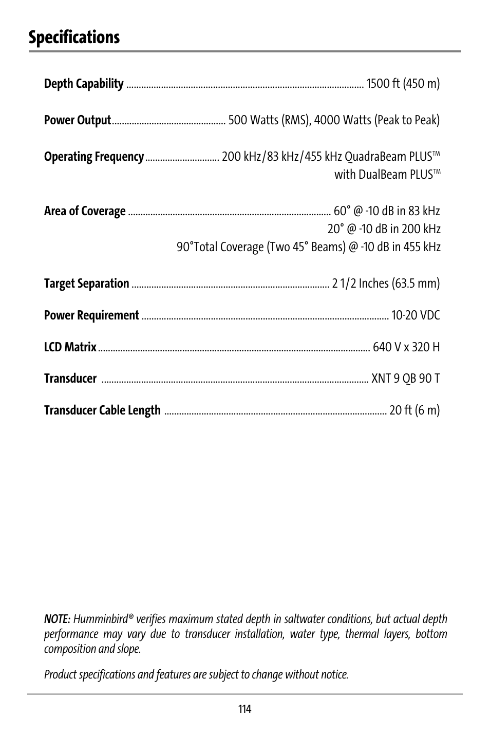 Specifications | Humminbird 737 User Manual | Page 123 / 138