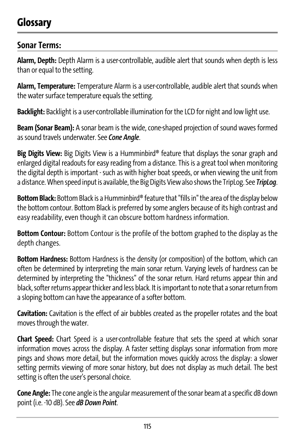 Glossary | Humminbird 737 User Manual | Page 124 / 138