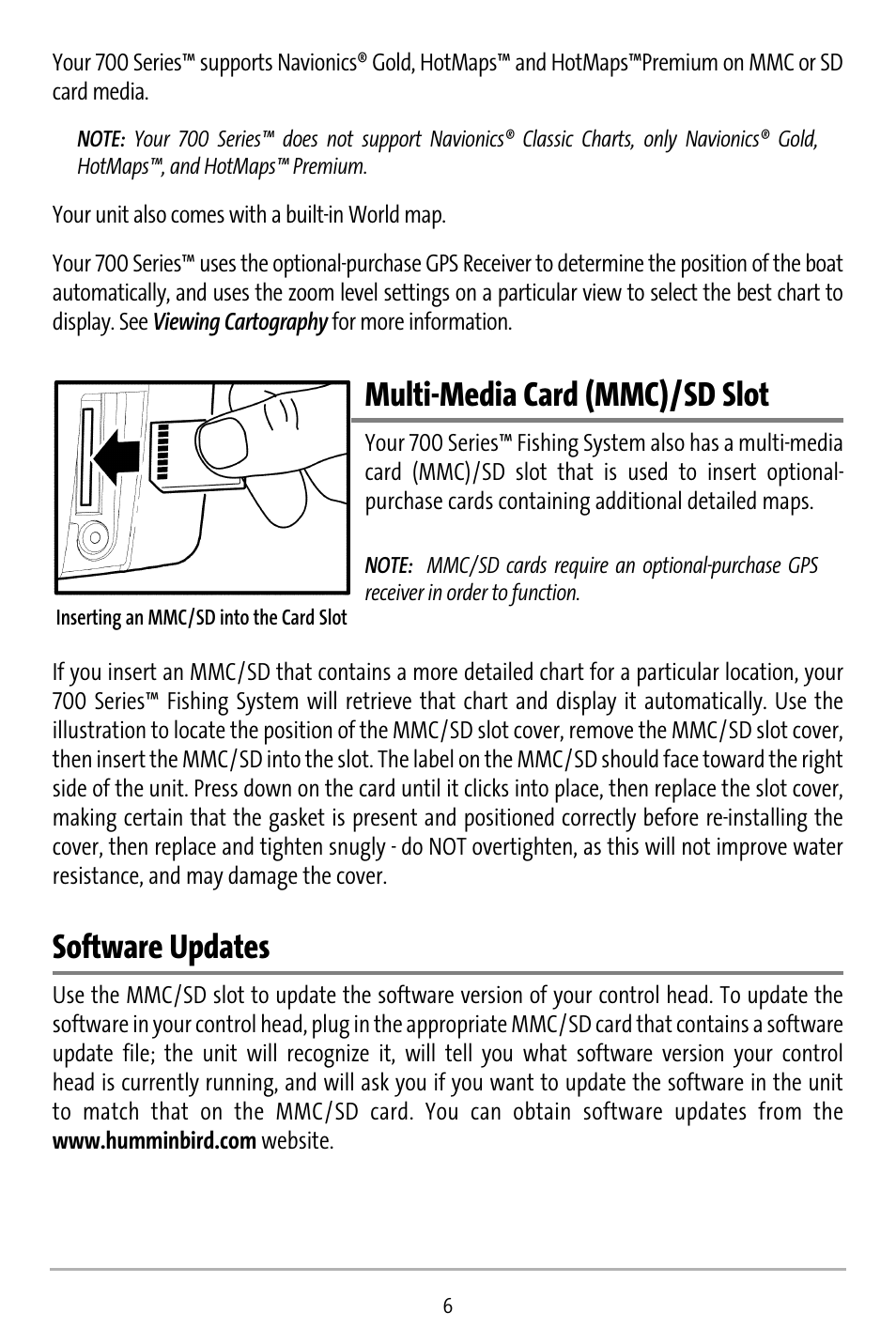 Multi-media card (mmc)/sd slot, Software updates | Humminbird 737 User Manual | Page 15 / 138