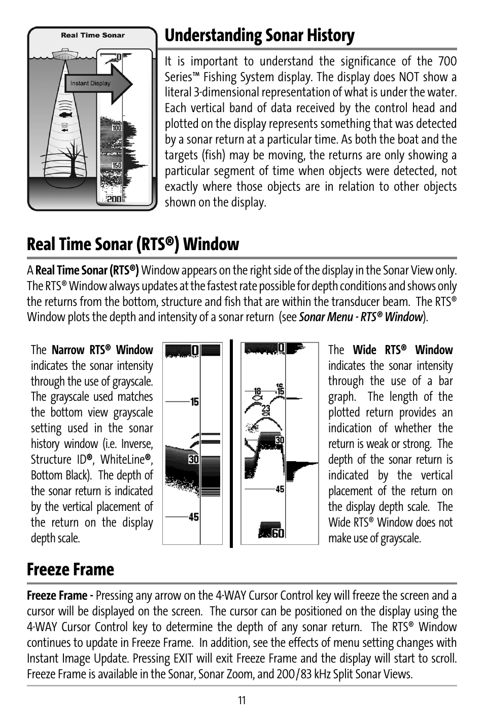 Understanding sonar history, Real time sonar (rts®) window, Freeze frame | Humminbird 737 User Manual | Page 20 / 138