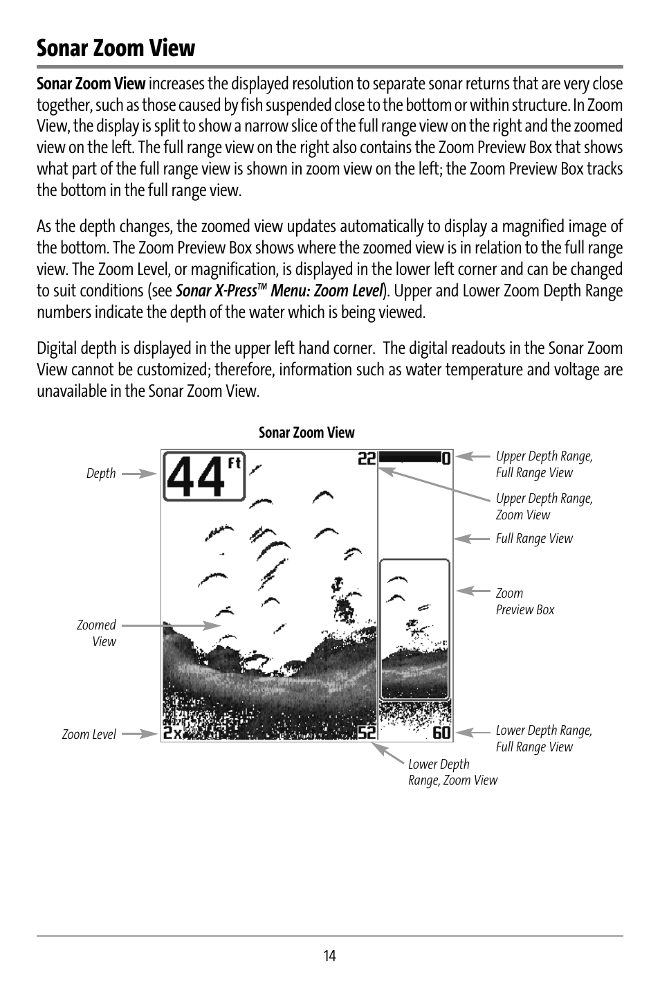 Sonar zoom view | Humminbird 737 User Manual | Page 23 / 138