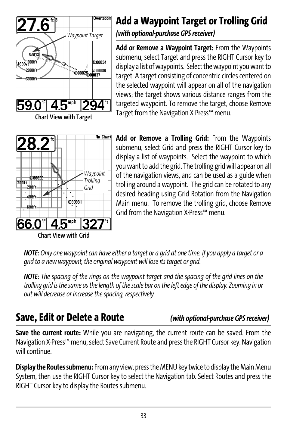 Add a waypoint target or trolling grid, Save, edit or delete a route | Humminbird 737 User Manual | Page 42 / 138
