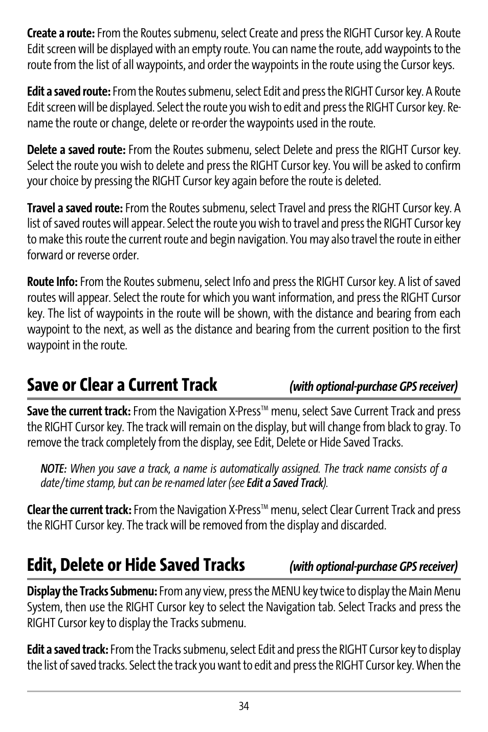 Save or clear a current track, Edit, delete or hide saved tracks | Humminbird 737 User Manual | Page 43 / 138