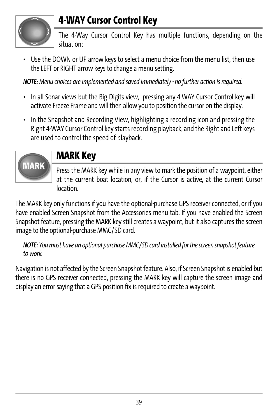 Way cursor control key, Mark key | Humminbird 737 User Manual | Page 48 / 138