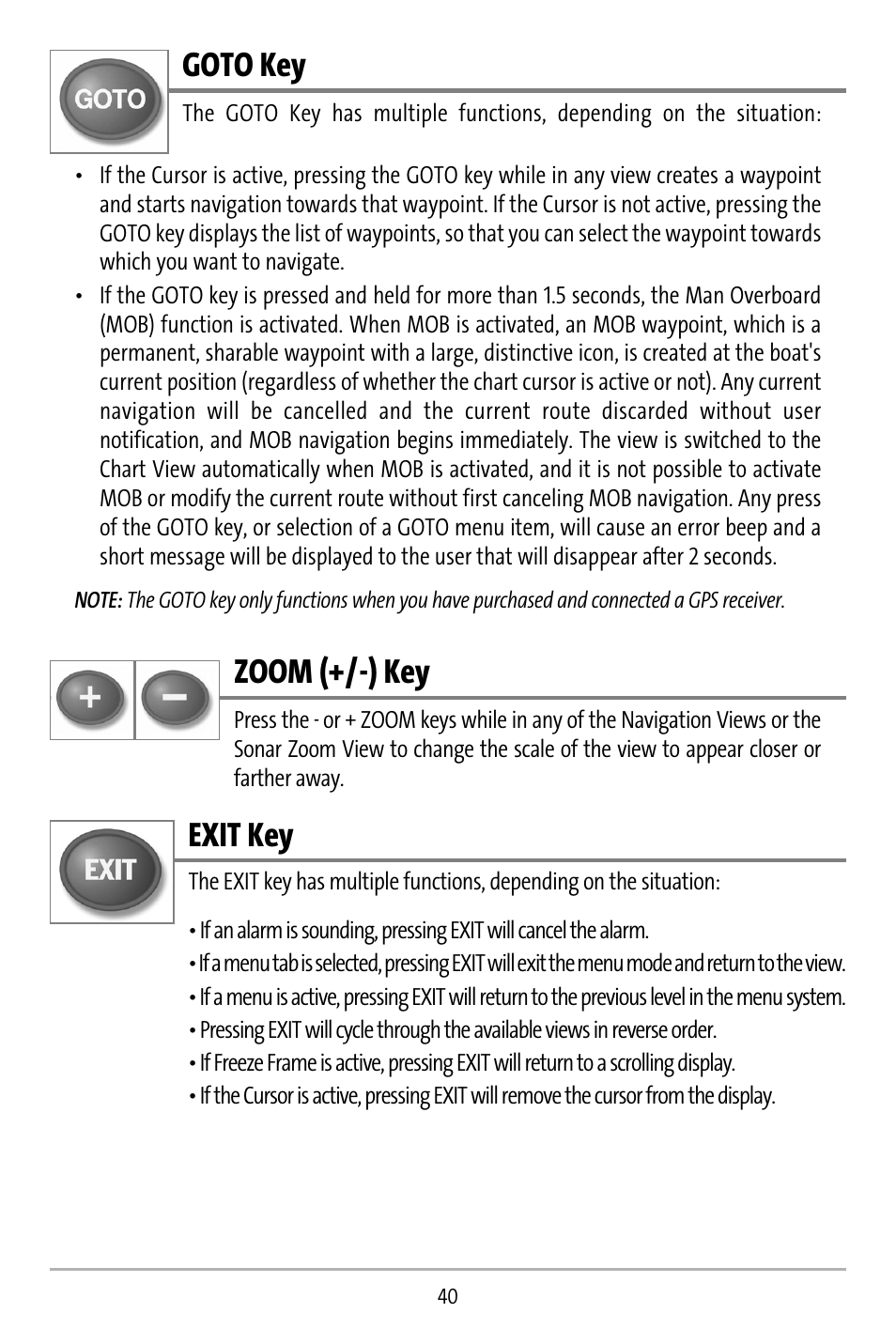 Goto key, Zoom (+/-) key, Exit key | Humminbird 737 User Manual | Page 49 / 138
