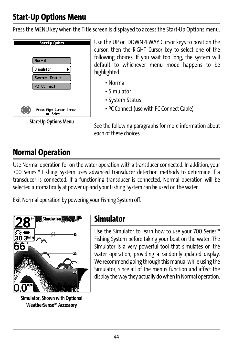 Start-up options menu, Normal operation, Simulator | Humminbird 737 User Manual | Page 53 / 138