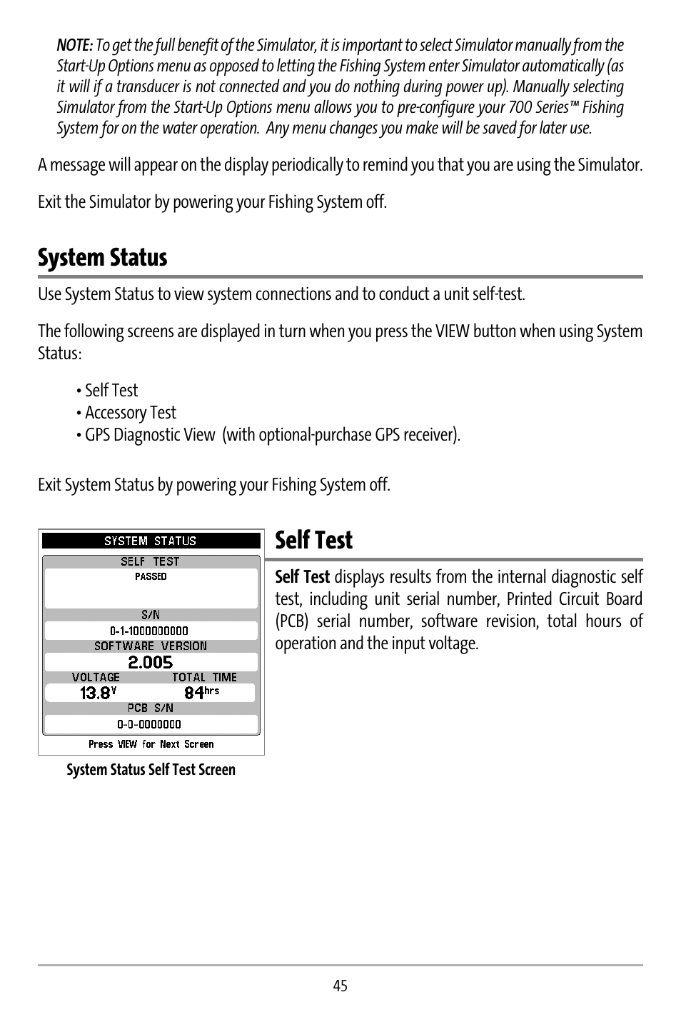 System status, Self test | Humminbird 737 User Manual | Page 54 / 138