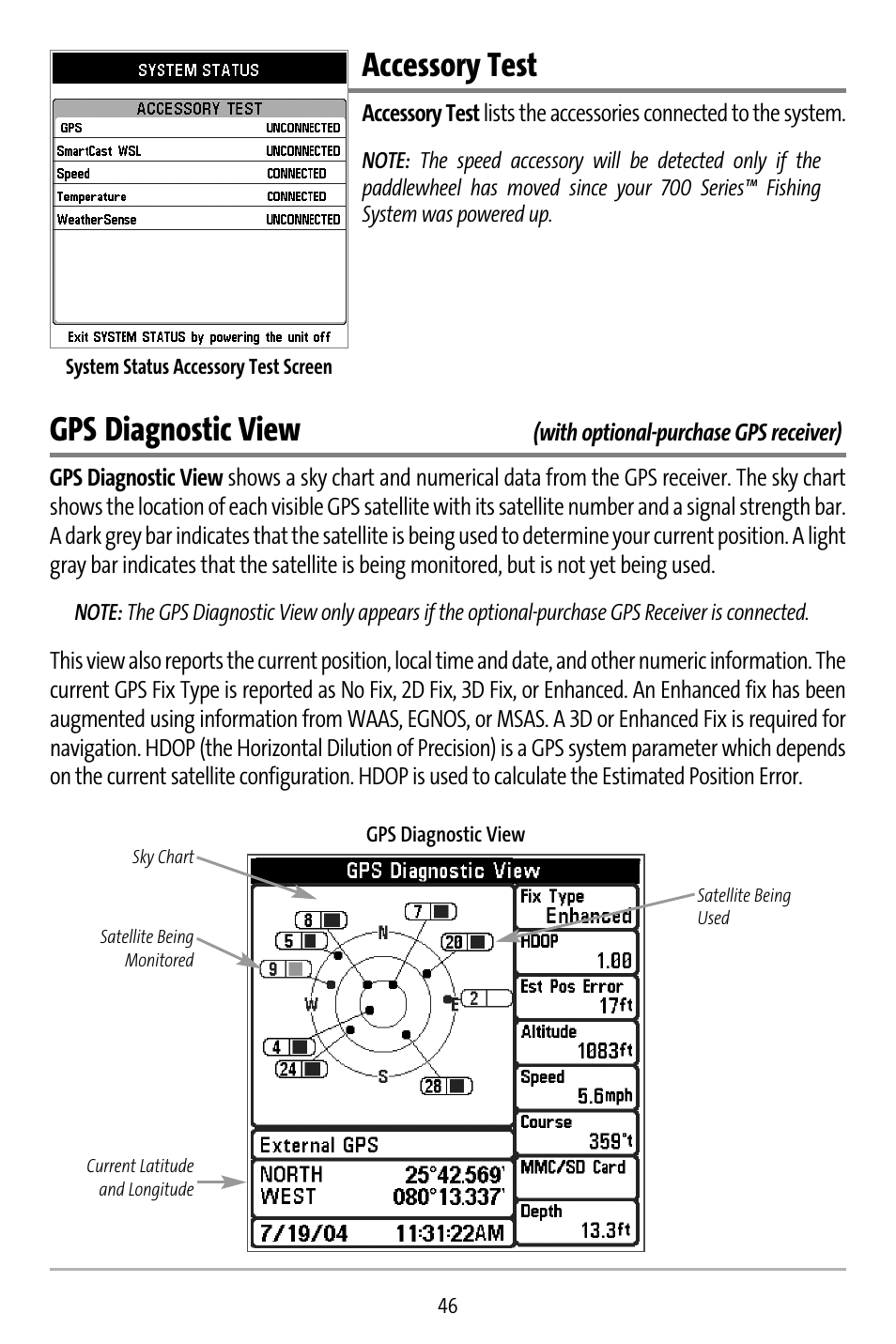 Accessory test, Gps diagnostic view | Humminbird 737 User Manual | Page 55 / 138