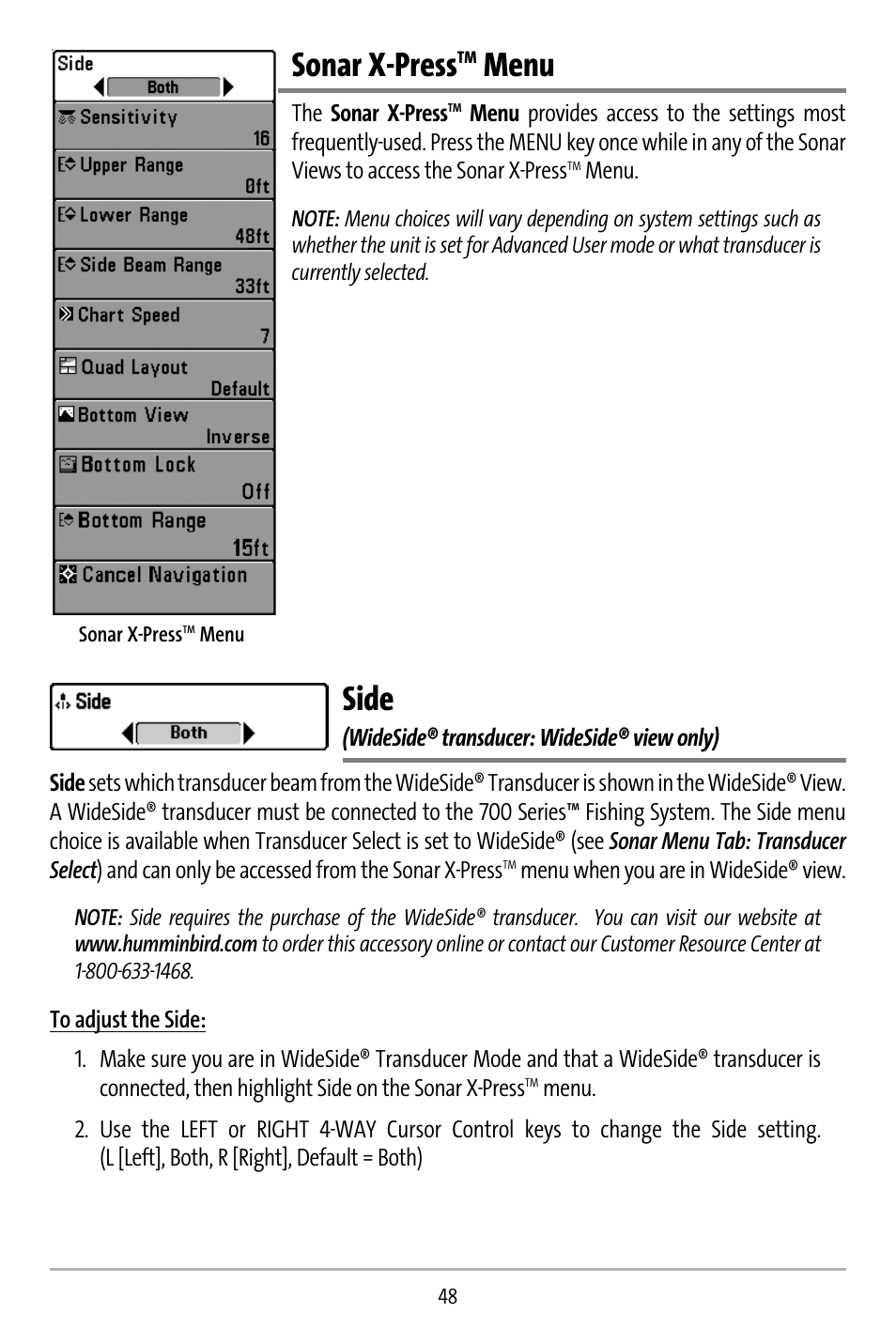 Sonar x-press, Menu, Side | Humminbird 737 User Manual | Page 57 / 138