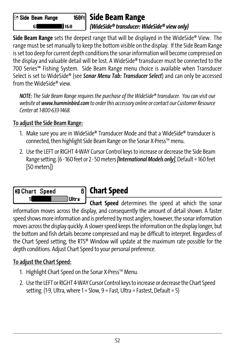Side beam range, Chart speed | Humminbird 737 User Manual | Page 61 / 138