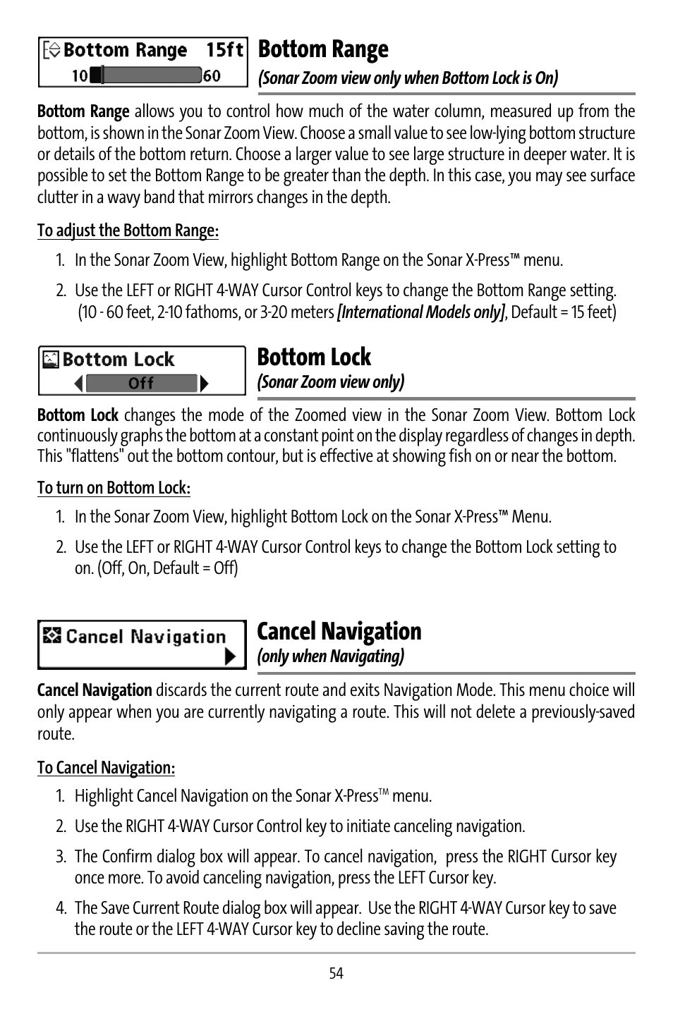 Bottom range, Bottom lock, Cancel navigation | Humminbird 737 User Manual | Page 63 / 138