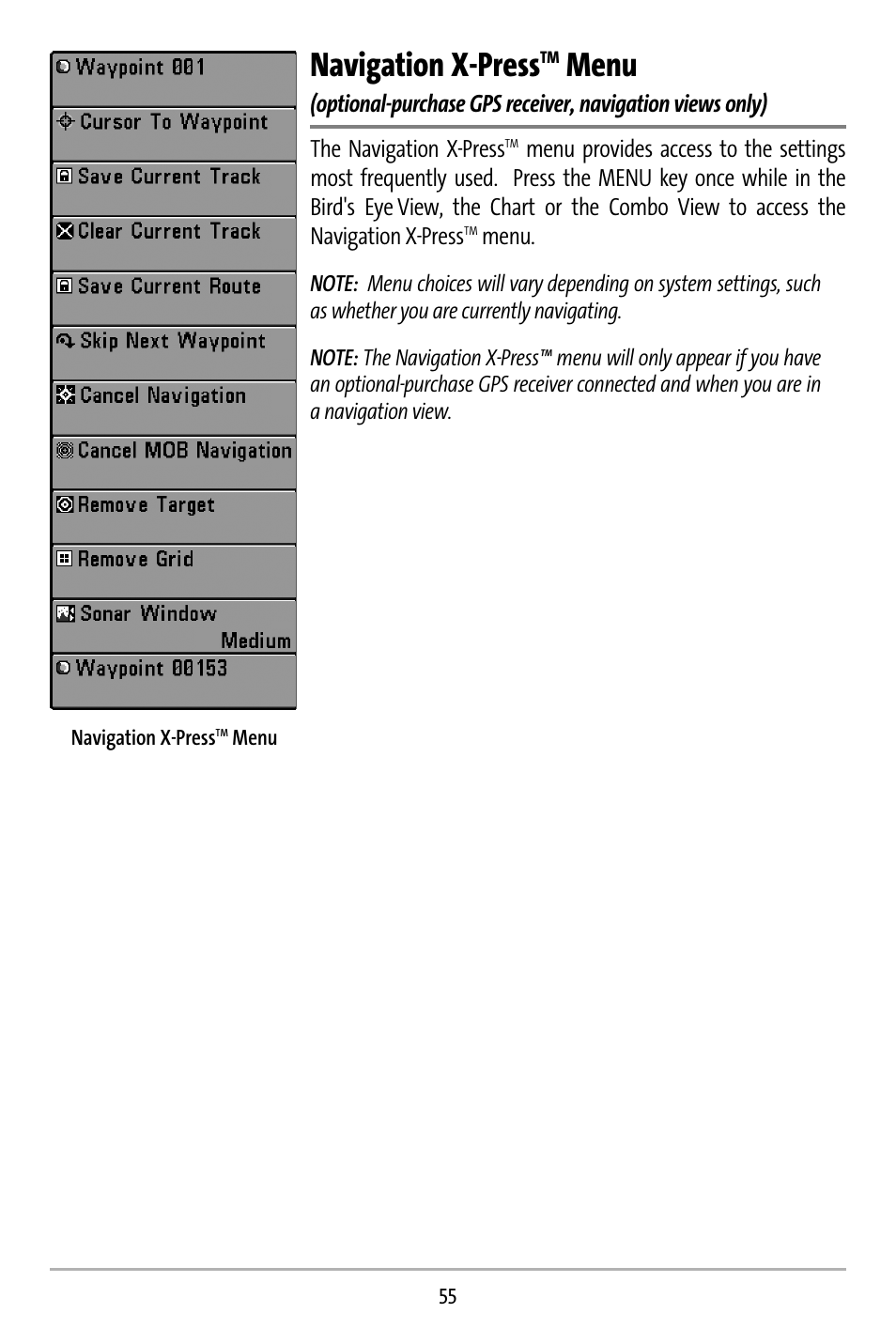 Navigation x-press, Menu | Humminbird 737 User Manual | Page 64 / 138