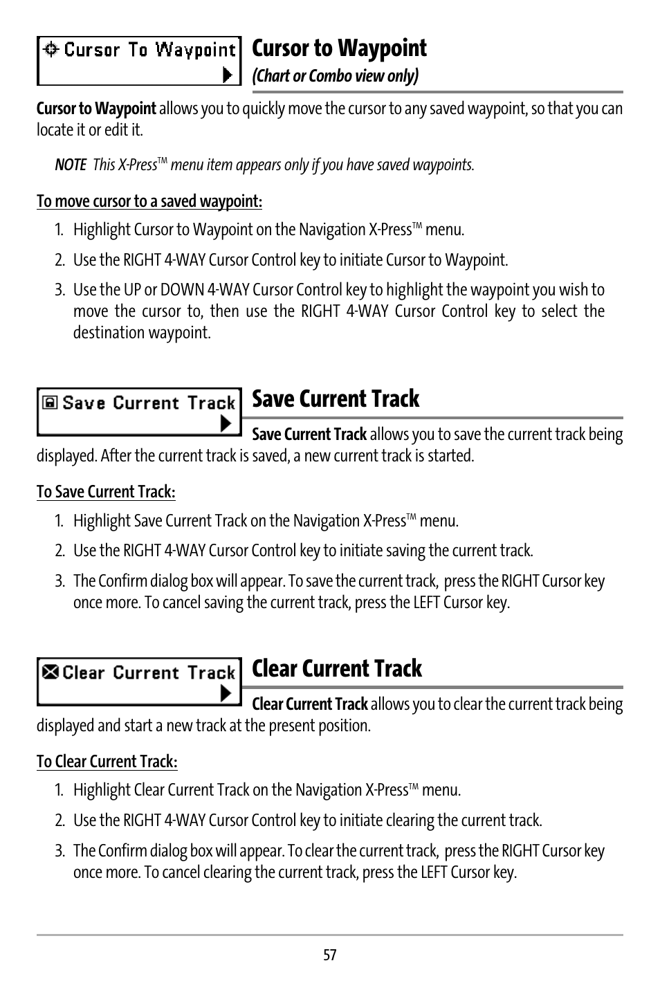 Cursor to waypoint, Save current track, Clear current track | Humminbird 737 User Manual | Page 66 / 138