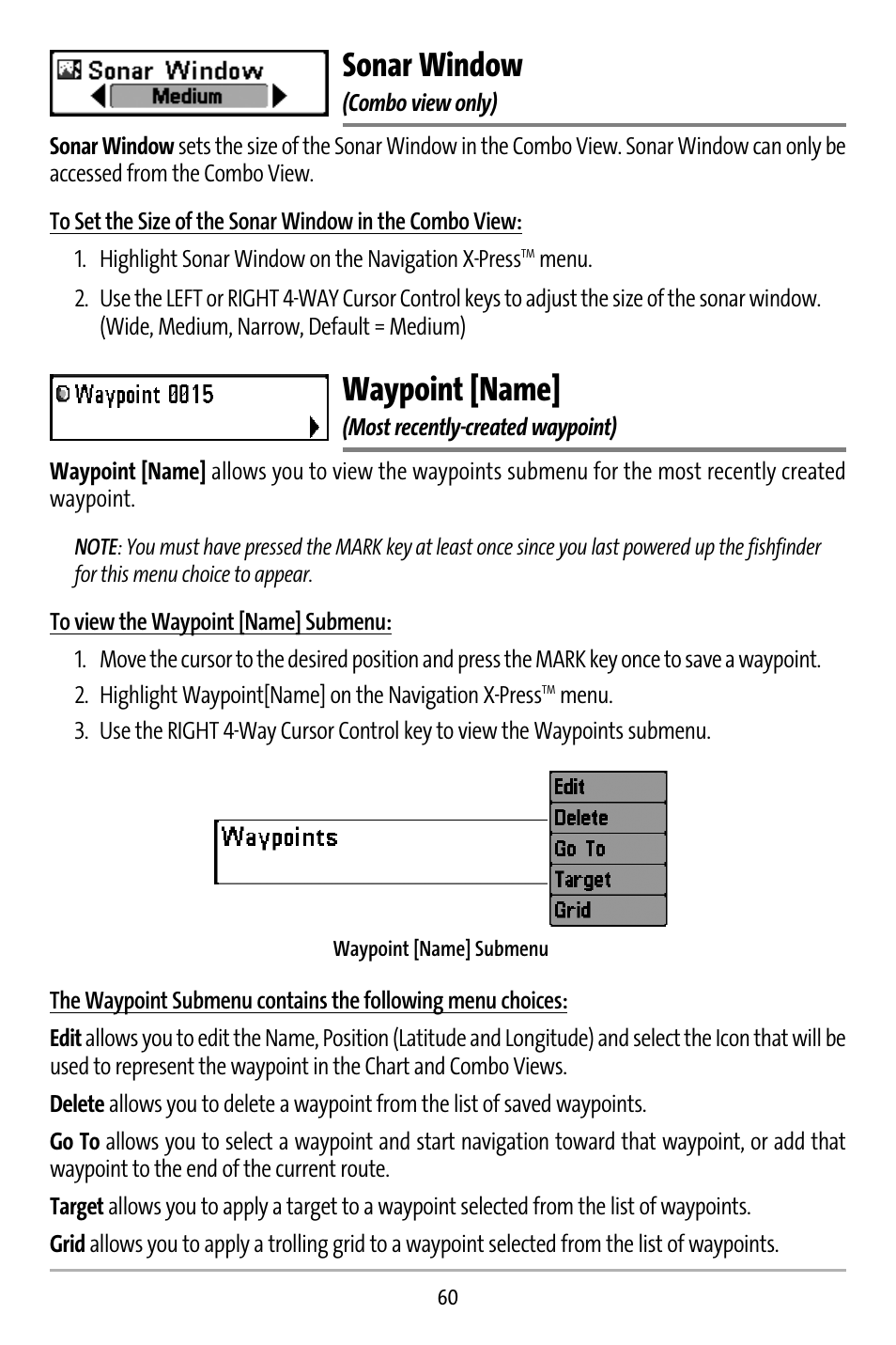 Sonar window, Waypoint [name | Humminbird 737 User Manual | Page 69 / 138