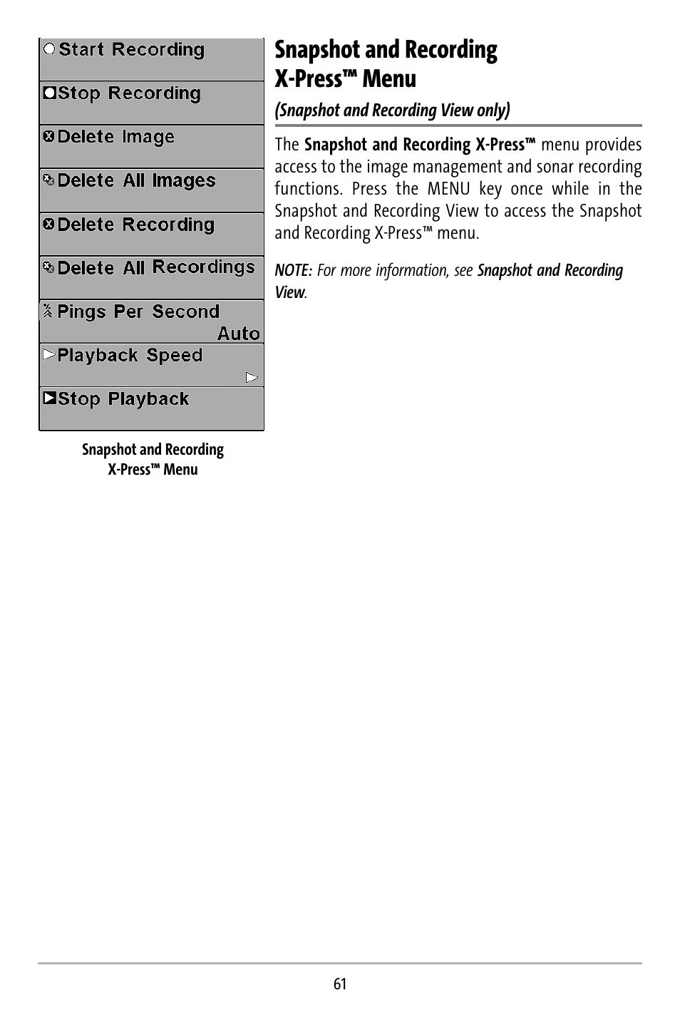 Snapshot and recording x-press™ menu | Humminbird 737 User Manual | Page 70 / 138
