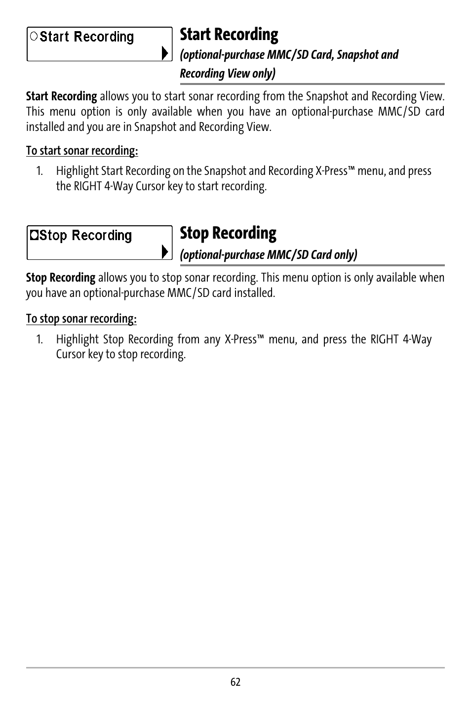 Start recording, Stop recording | Humminbird 737 User Manual | Page 71 / 138