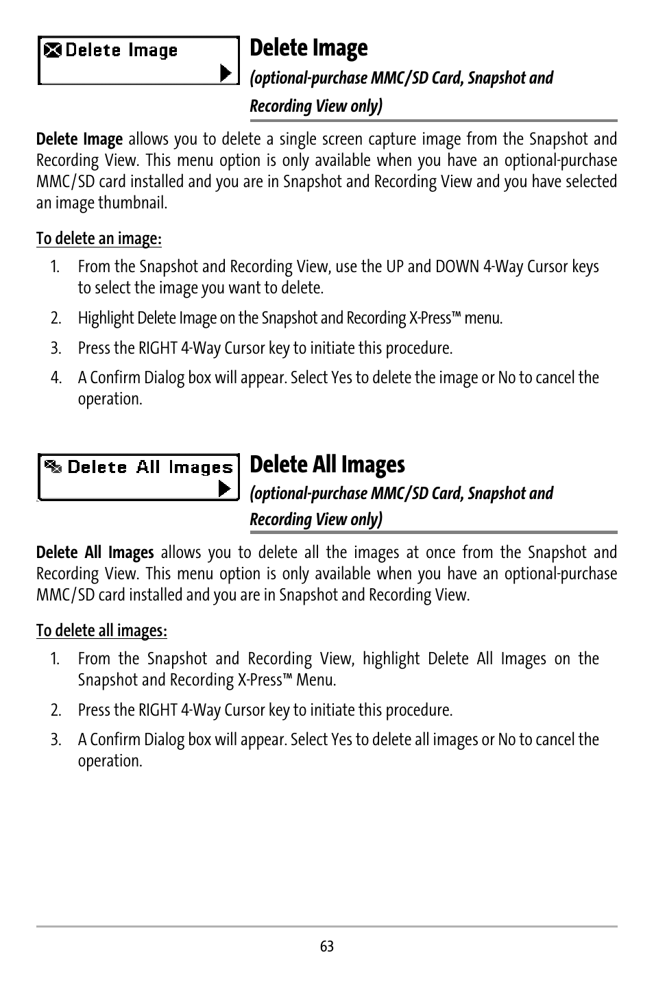 Delete image, Delete all images | Humminbird 737 User Manual | Page 72 / 138