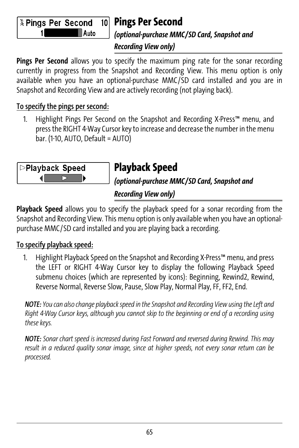 Pings per second, Playback speed | Humminbird 737 User Manual | Page 74 / 138