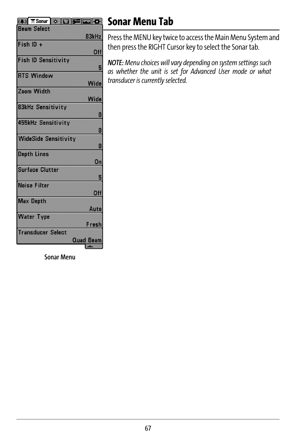 Sonar menu tab | Humminbird 737 User Manual | Page 76 / 138