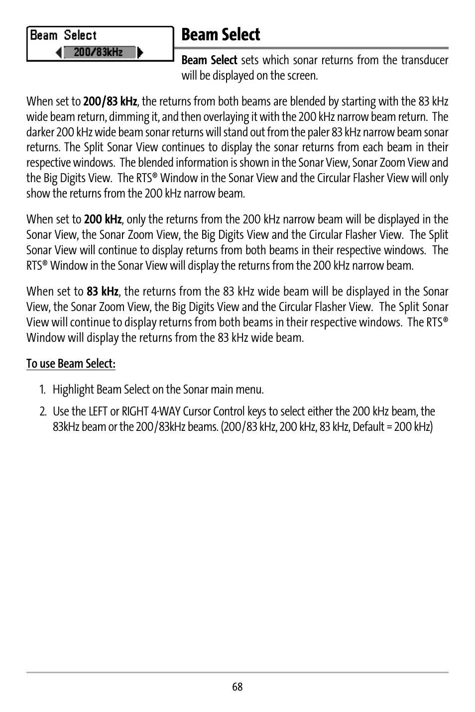 Beam select | Humminbird 737 User Manual | Page 77 / 138