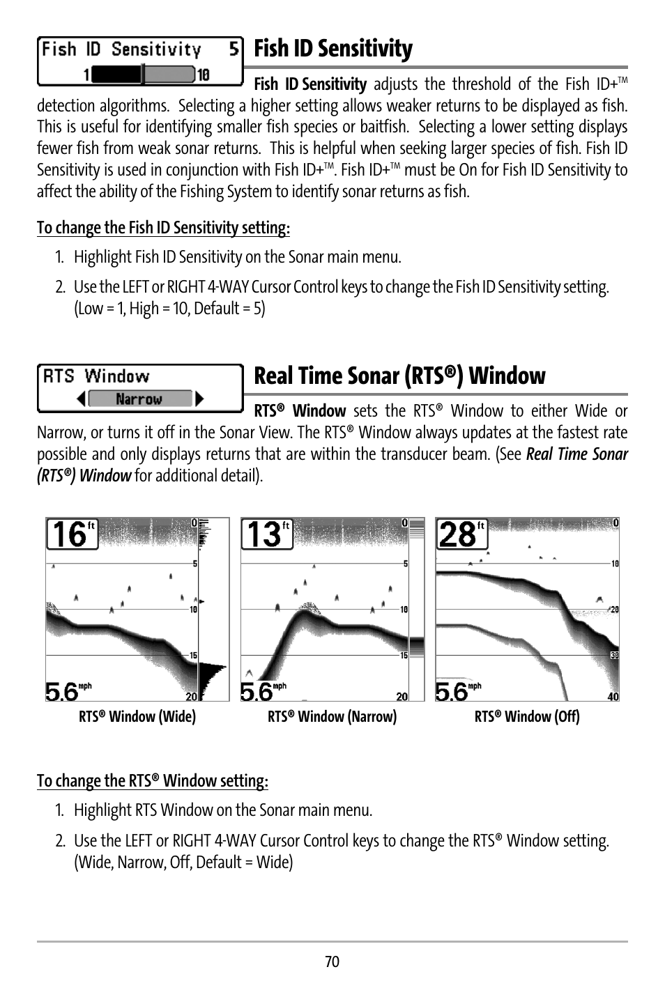 Fish id sensitivity, Real time sonar (rts®) window | Humminbird 737 User Manual | Page 79 / 138
