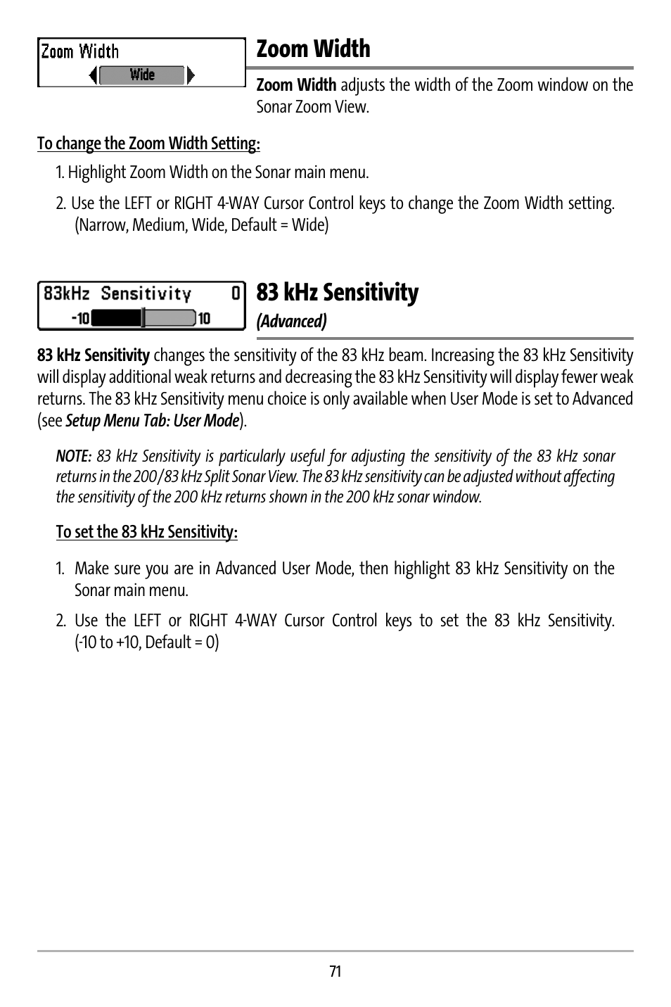 Zoom width, 83 khz sensitivity | Humminbird 737 User Manual | Page 80 / 138