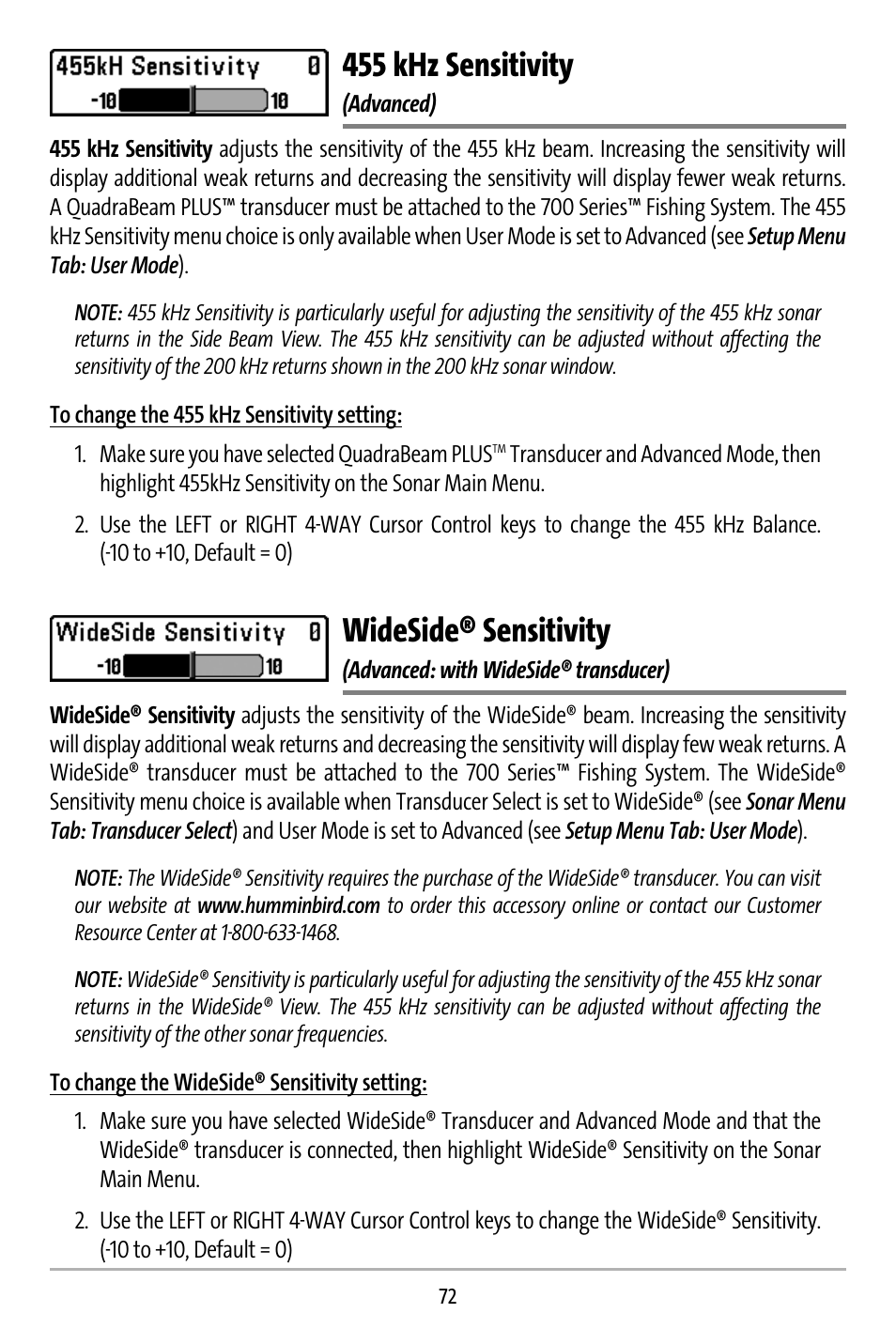 455 khz sensitivity, Wideside® sensitivity | Humminbird 737 User Manual | Page 81 / 138